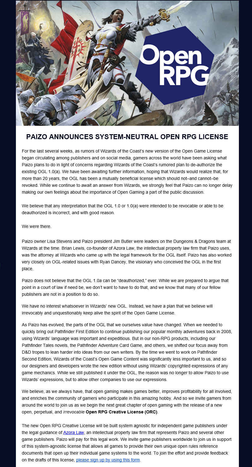 Paizo Open RPG License Announcement